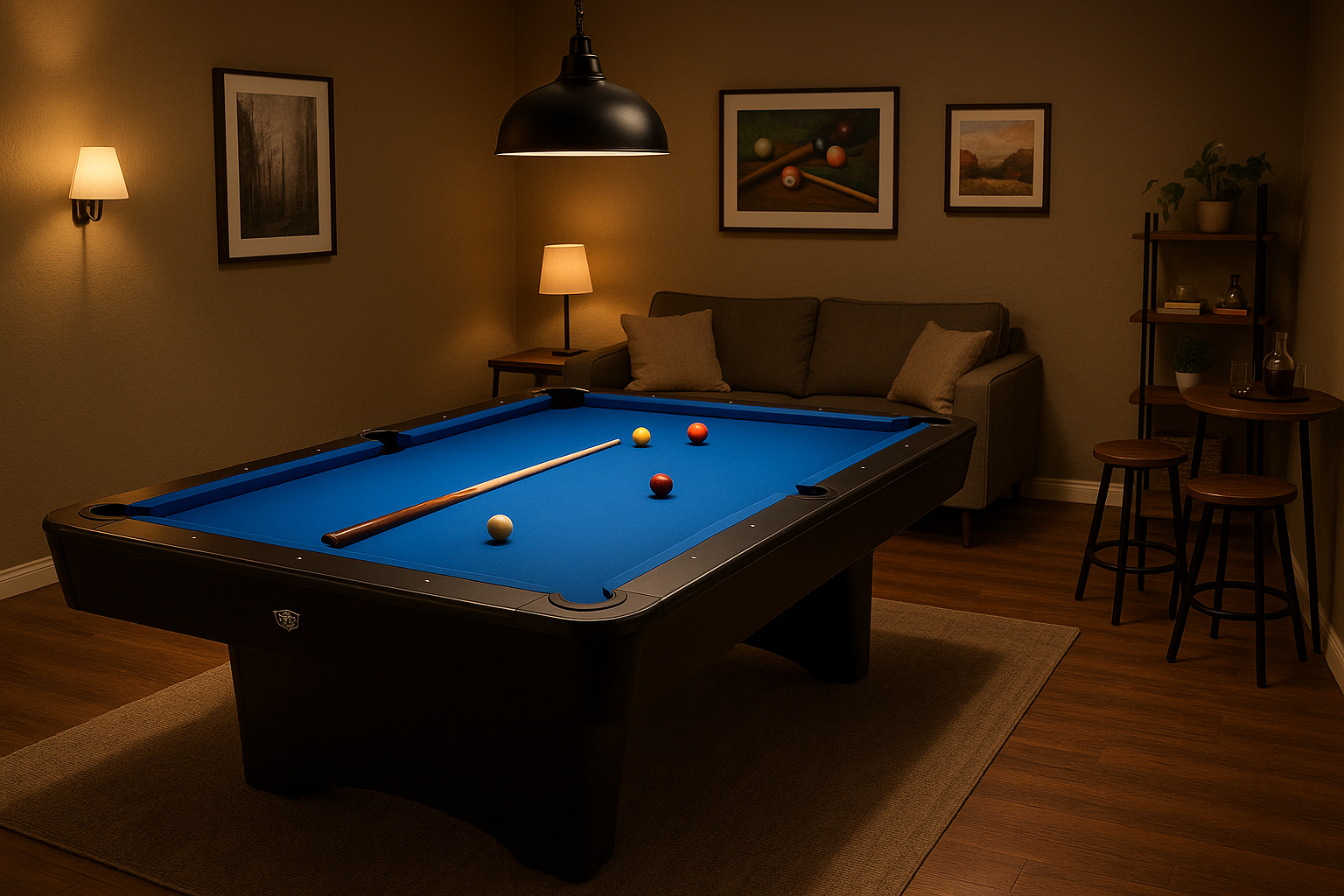 Billardtisch im Hobbyraum mit Loungeecke
