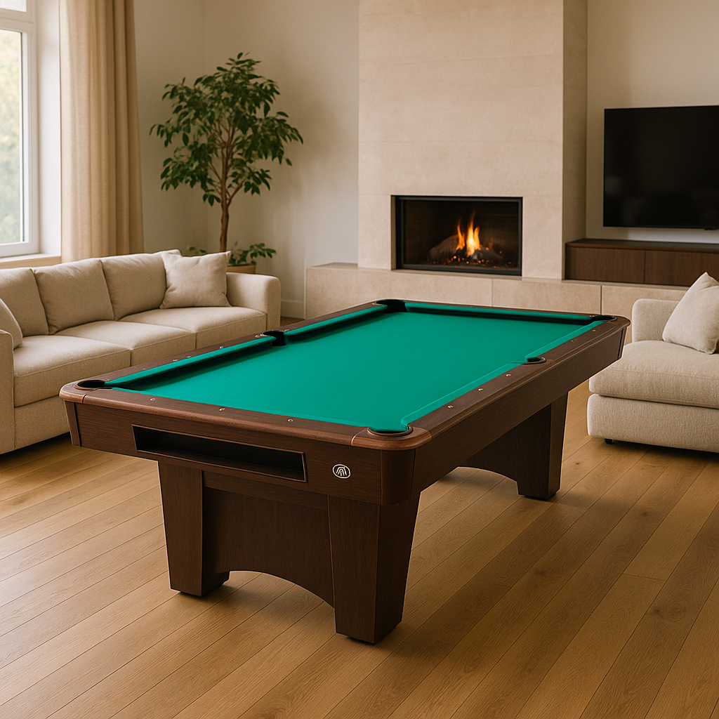 Wohnzimmer mit kombiniertem Billard- und Esstisch